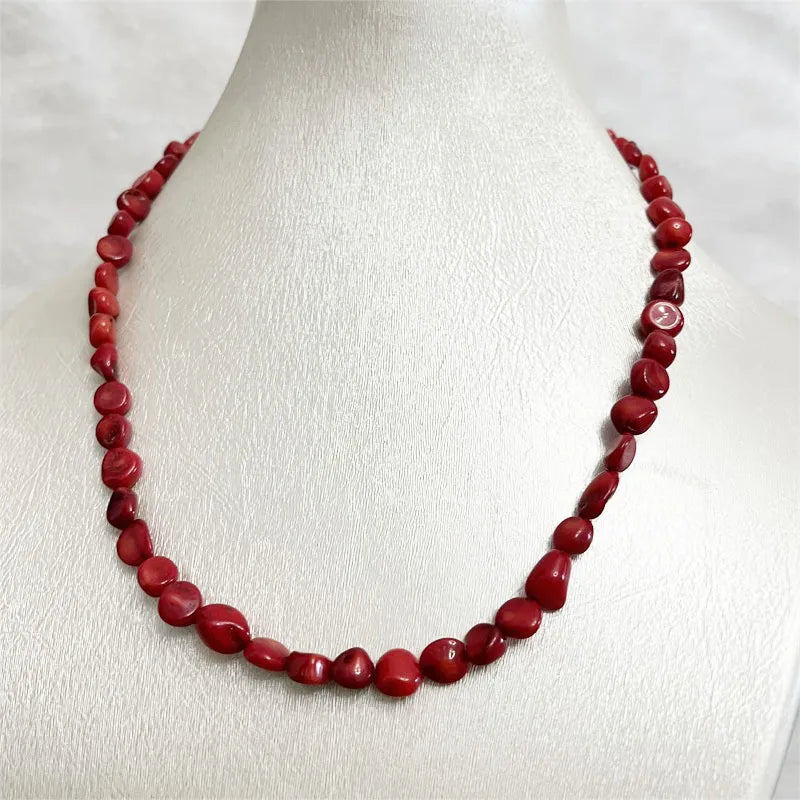 Sterling Silver Irregular Nugget Red Coral Necklace, Genuine Natural Stone, 1.5-2 ctw for Women