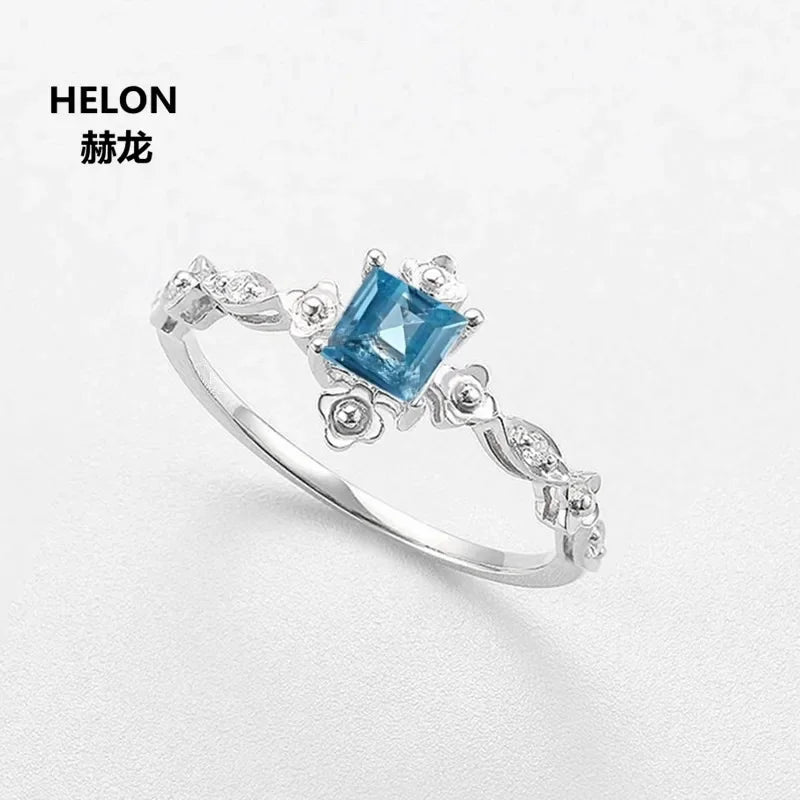 14k White Gold Sky Blue Topaz and Diamond Flower Engagement Ring for Women