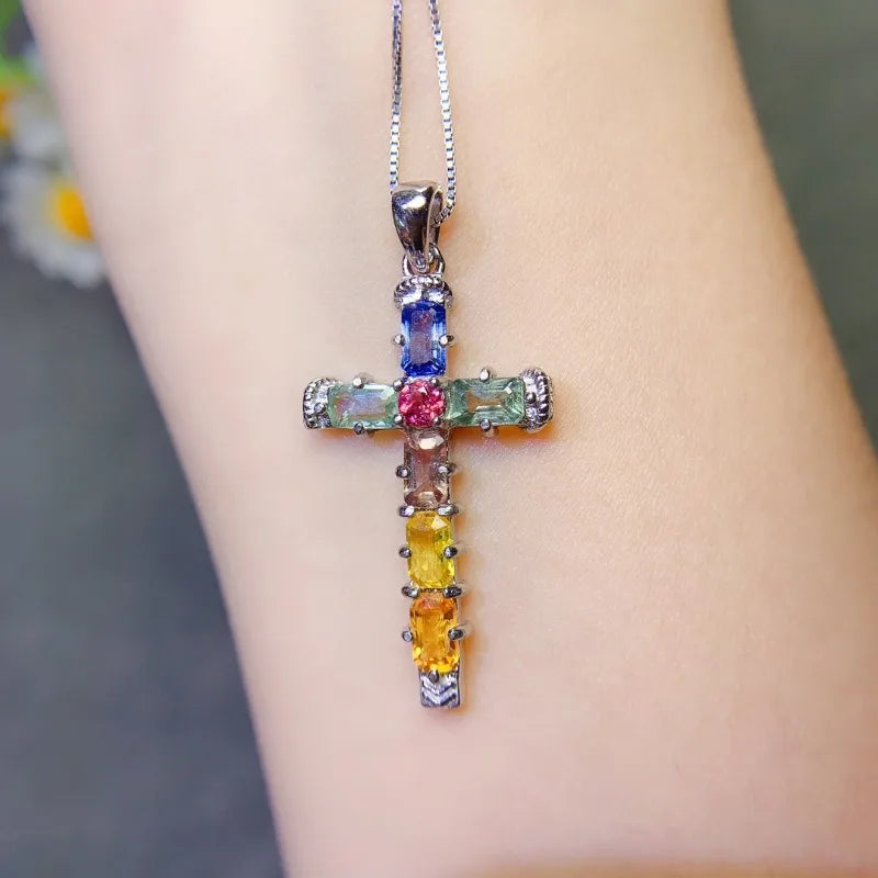 925 Silver Sapphire Cross Pendants for Her