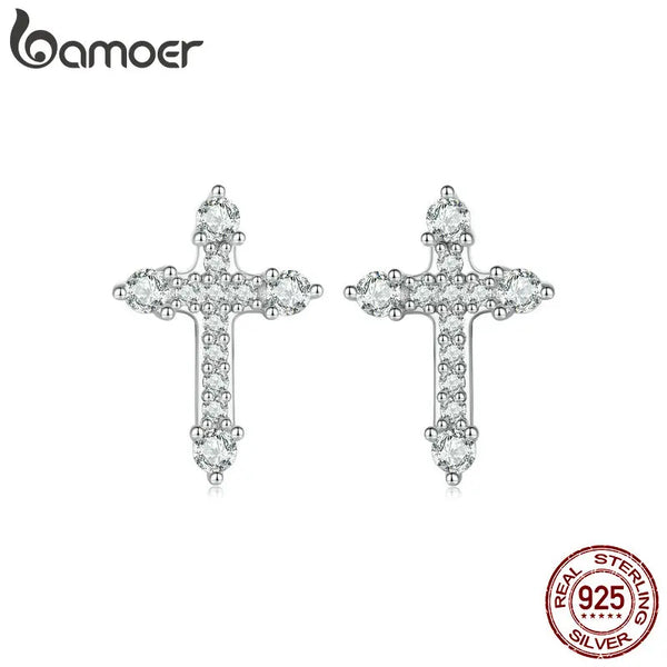 Platinum Plated Sterling Silver Cross Stud Earrings with CZ 925.