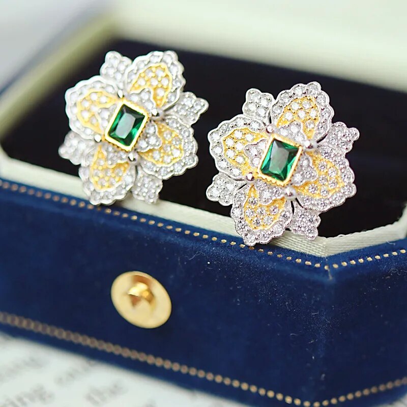 925 Silver White Zircon Four Leaf Clover Stud Earrings for Women