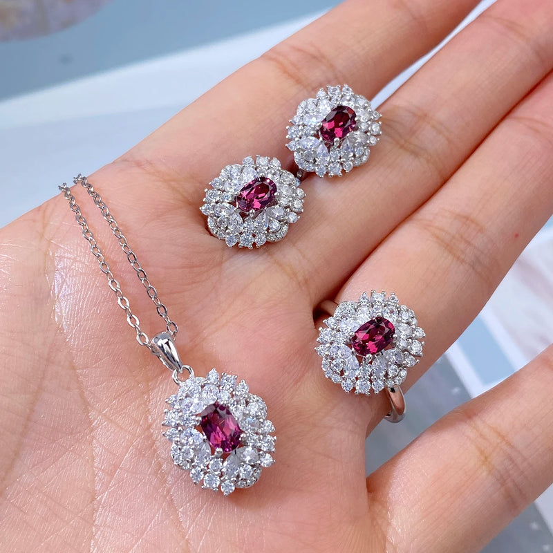 Sterling Silver Pyrope Necklace, Stud Earrings & Ring Set for Women