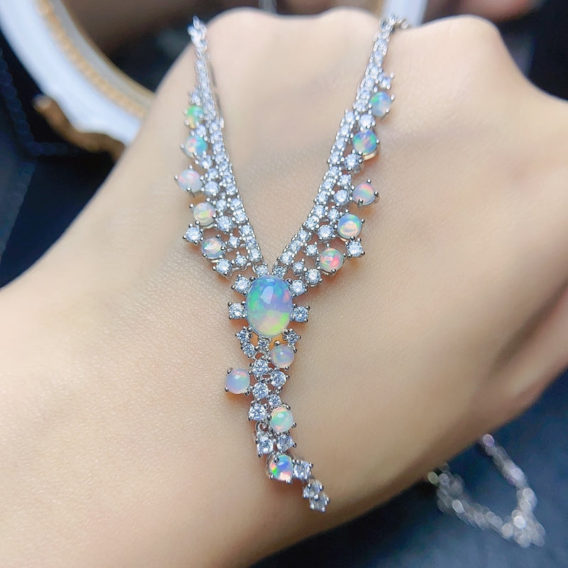 925 Sterling Silver Natural Opal Necklace for Women