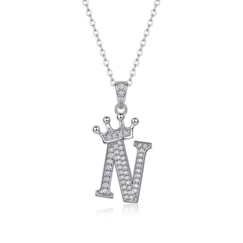 925 Sterling Silver Moissanite Diamonds Letters Crown Pendant Necklace