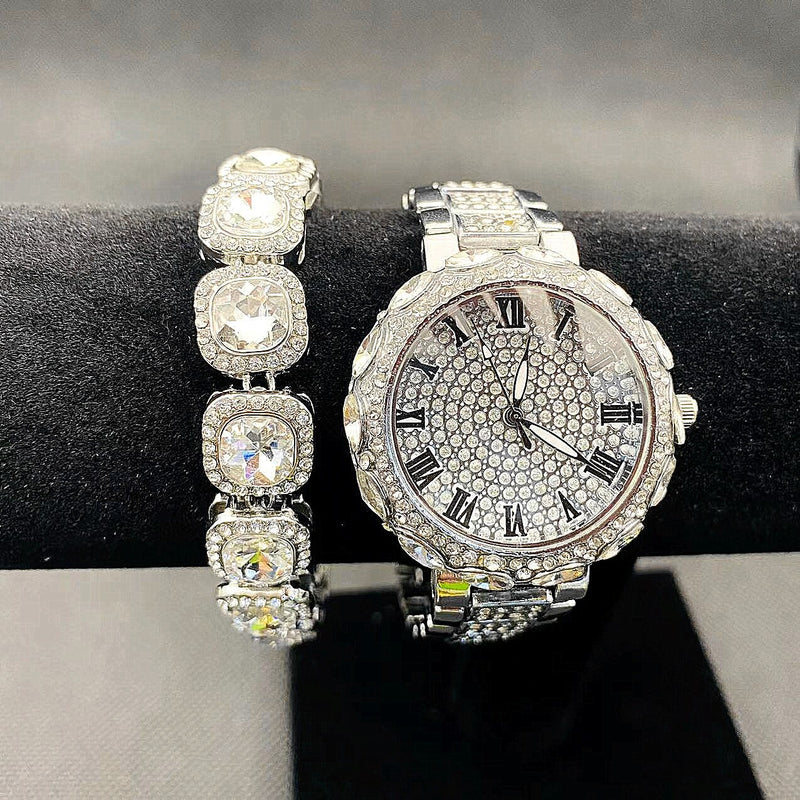 Silver/Gold Iced Out Diamond Watch with Tennis Chain Bracelet Set for Women