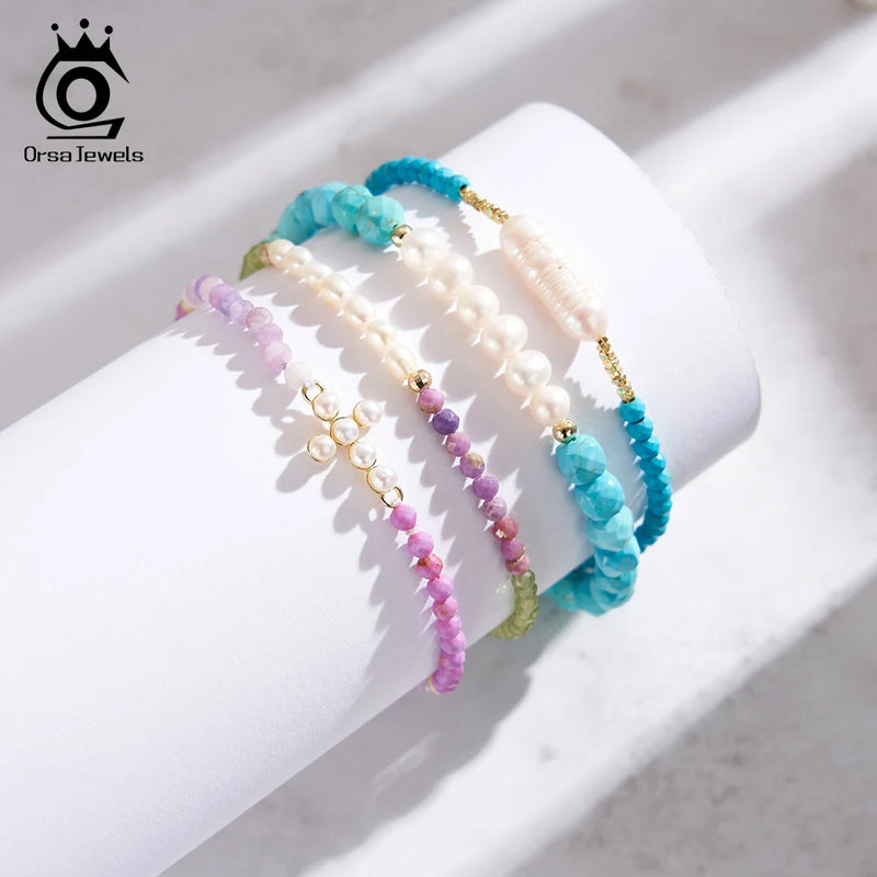 925 Silver Turquoise Stone Bracelet with Pearl for Women