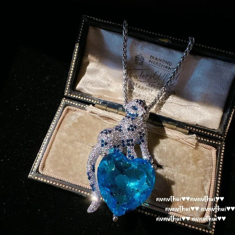 Silver Heart Pendant Necklace with Blue CZ for Women