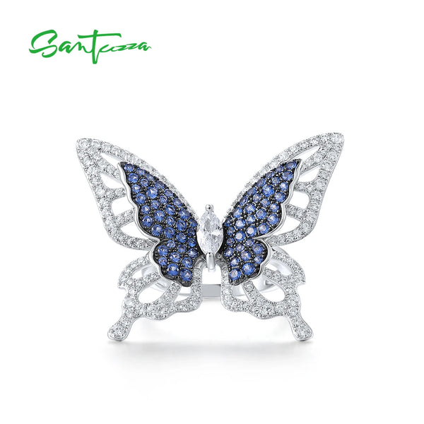 Sterling Silver Butterfly Ring with Sparkling Blue and White Cubic Zirconia for Women