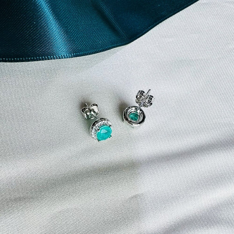 Sterling Silver Round Emerald Paraiba Tourmaline Stud Earrings for Women