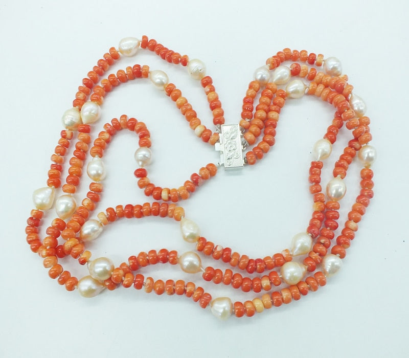 Sterling Silver Natural Orange Coral and Pearl Necklace, 18-22 Inches for Women