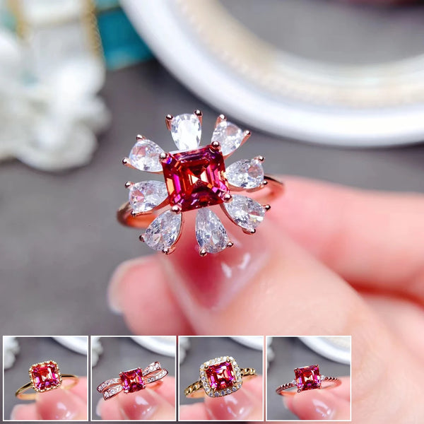 925 Sterling Silver 1 Carat Watermelon Moissanite Flower Ring for Women