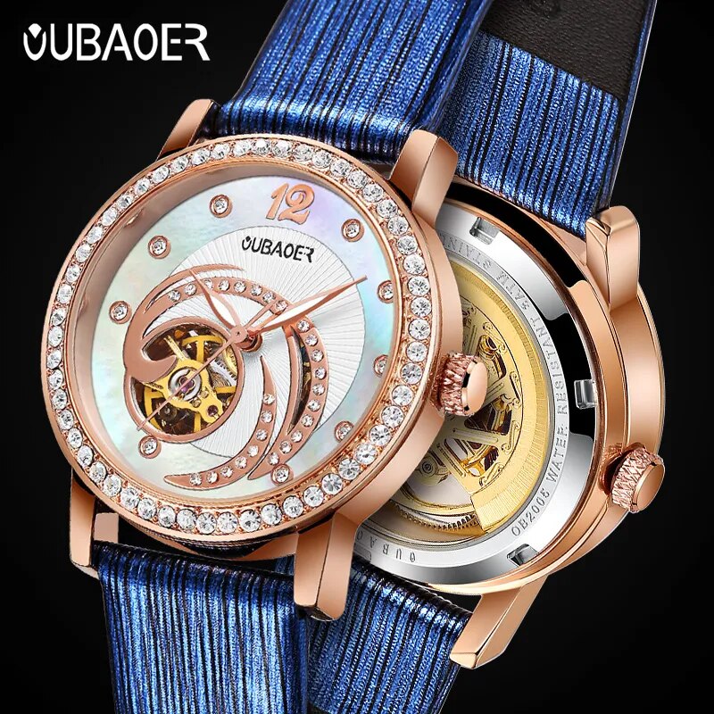 Stainless Steel Diamond Dial Leather Strap Automatic Watch for Women