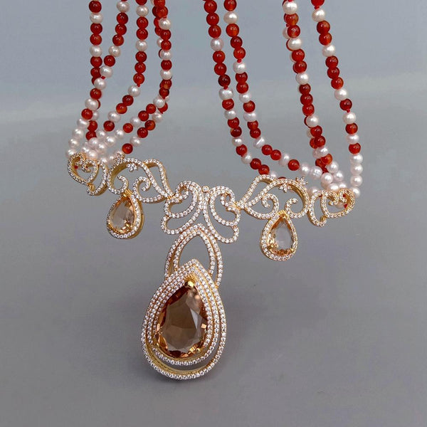 Y.YING 5 Rows Cultured White Pearl Red Agate Statement Necklace Cz Pave Big Pendant