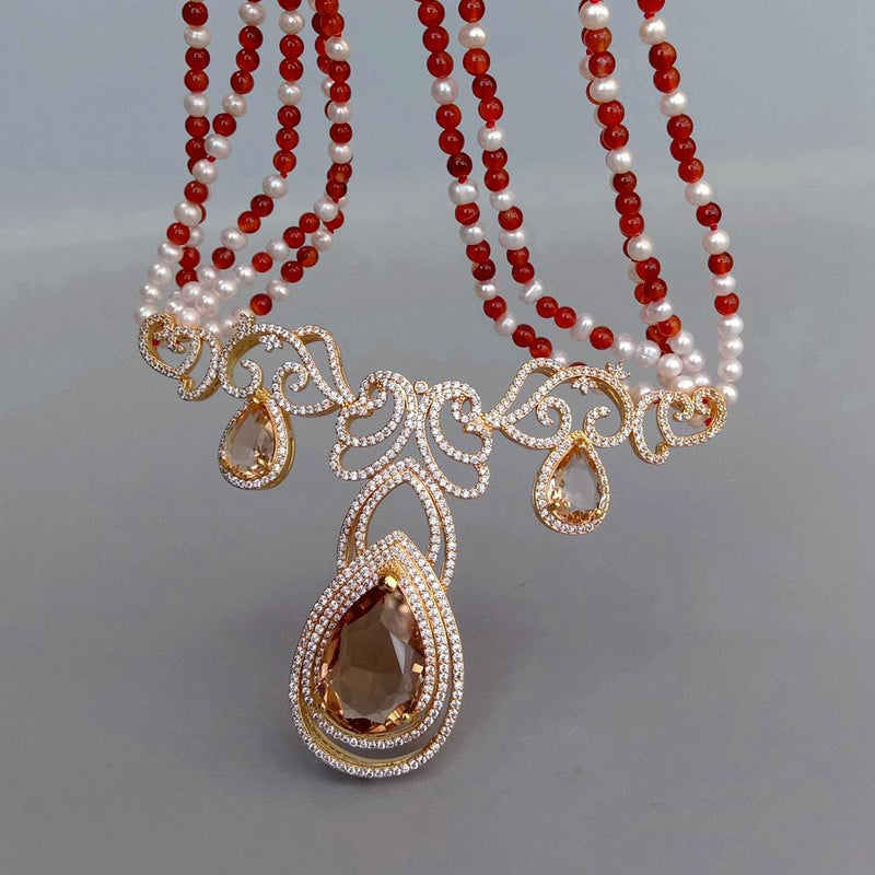 Sterling Silver Cultured White Pearl and Red Agate Statement Necklace with Cubic Zirconia, for Women