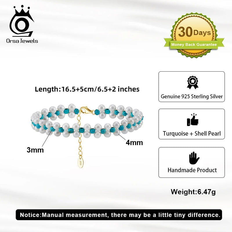 925 Sterling Silver Turquoise and Shell Pearl Chain Bracelet for Women