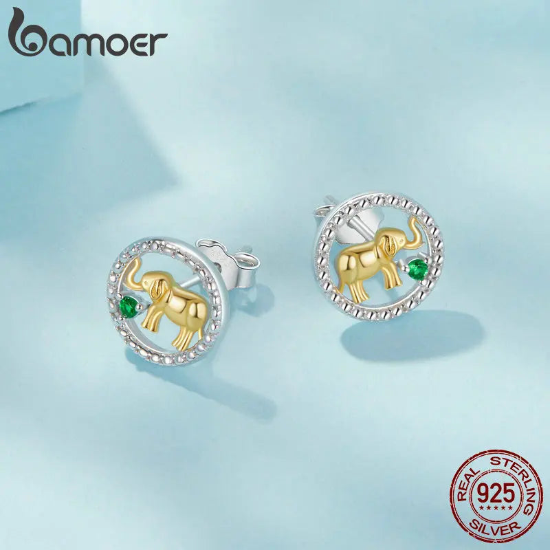 Solid 925 Sterling Silver Golden Elephant Stud Earrings for Women