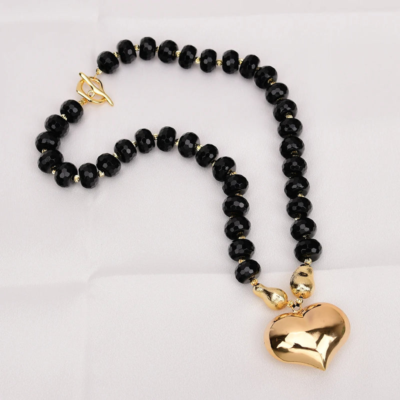 Gold Plated Black Onyx Abacus Shaped Heart Pendant Necklace for Women