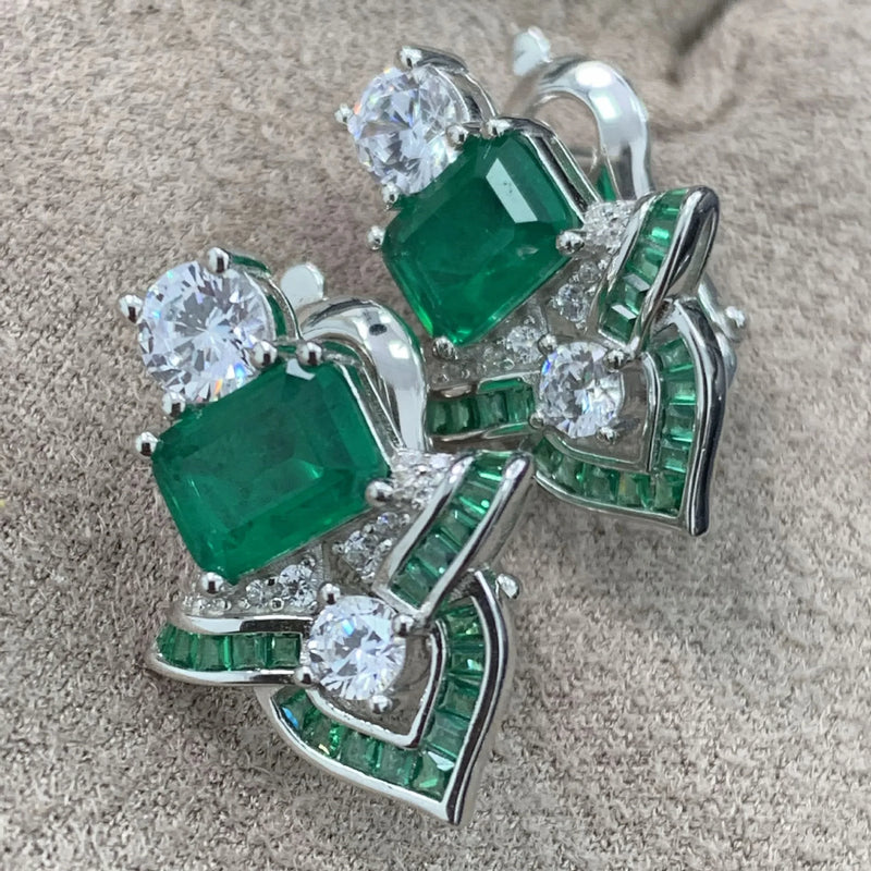 Sterling Silver Emerald High Carbon Diamonds Gemstone Earrings