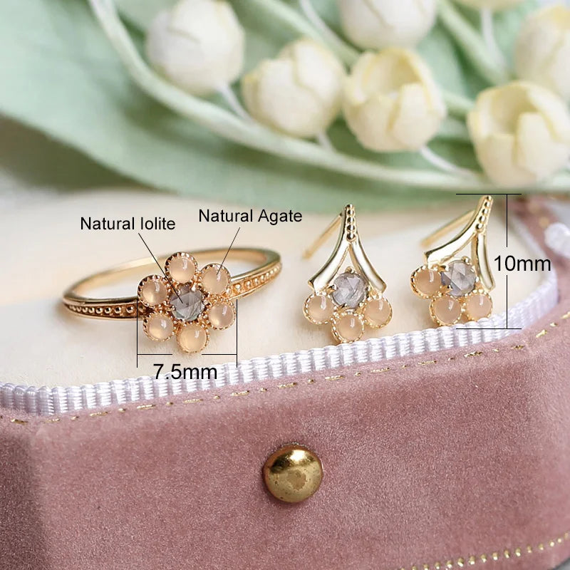 925 Sterling Silver Gold Plated Iolite Agate Flower Stud Earrings for Women