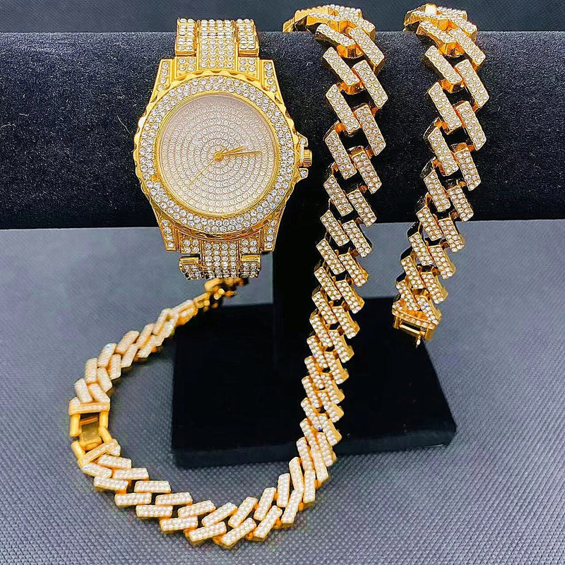 Gold Iced Out Diamond Men's Watch and Jewelry Set with Cuban Link Chain