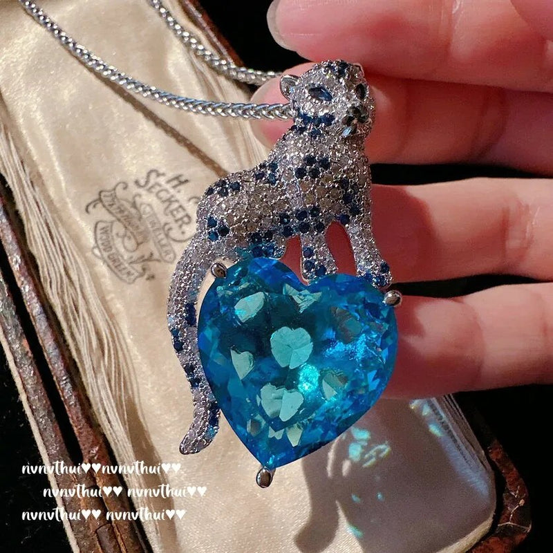 Silver Heart Pendant Necklace with Blue CZ for Women