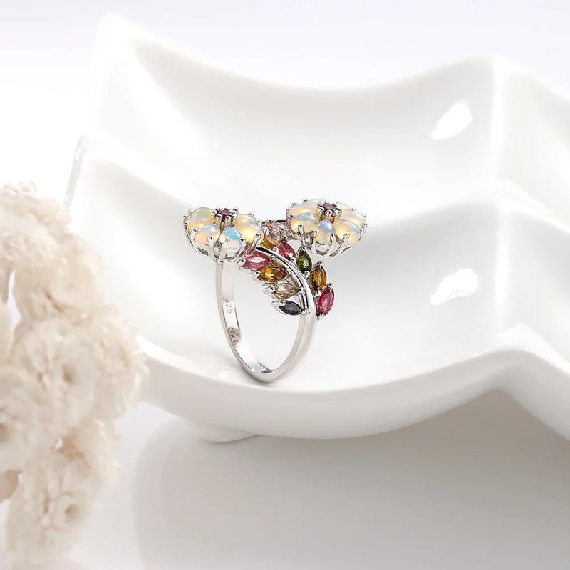 Sterling Silver Ring with 3ct Opal & Tourmaline for Women