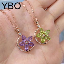 Rose Gold Plated 925 Sterling Silver Green Purple Garnet Flower Pendant Necklace for Women