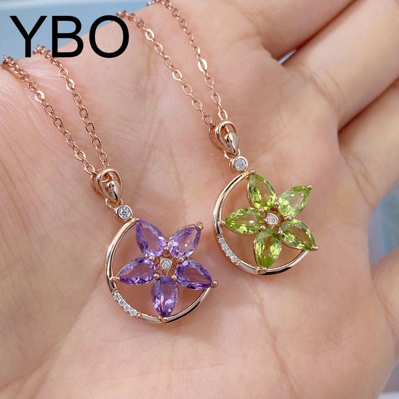 Rose Gold Plated 925 Sterling Silver Green Purple Garnet Flower Pendant Necklace for Women