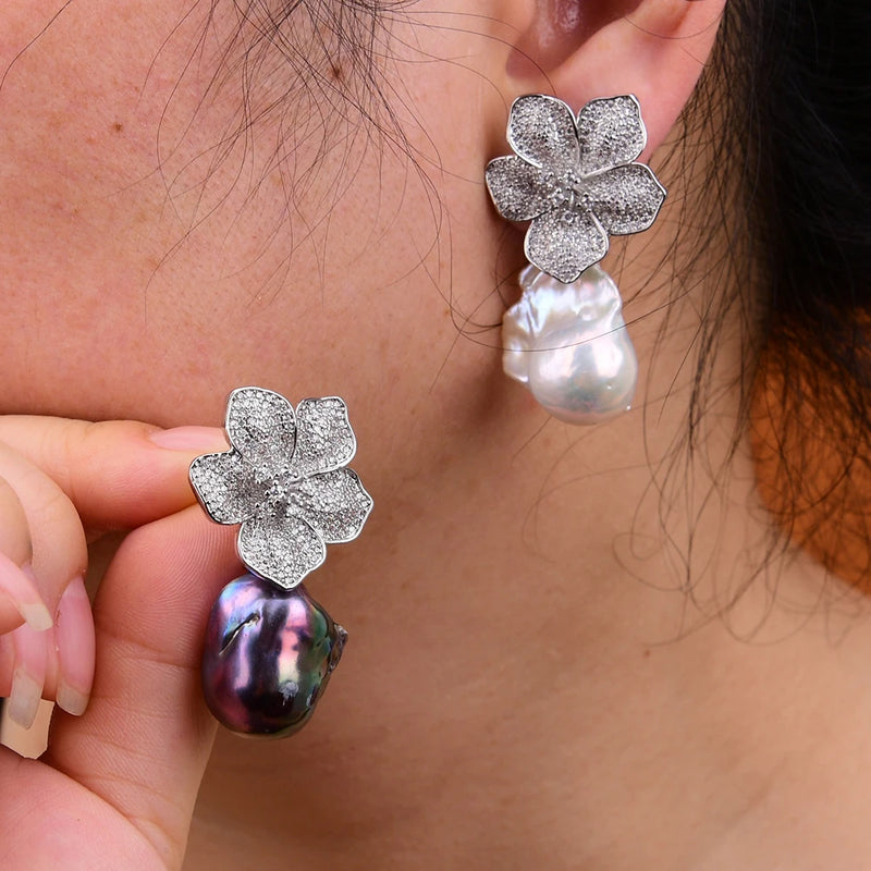 Gold Plated White Baroque Keshi Pearls & Zircon Flower Stud Earrings for Women