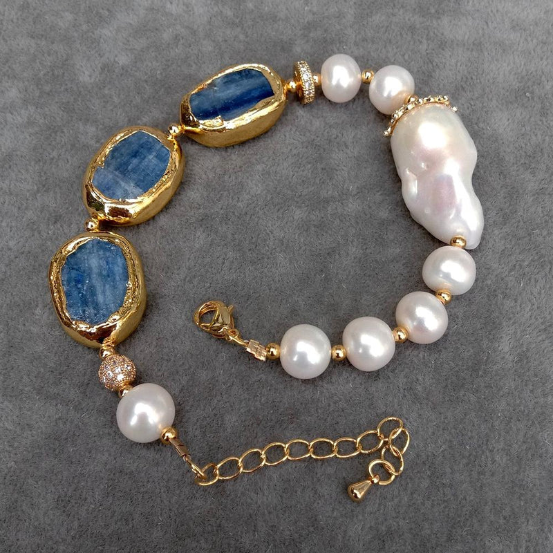 Sterling Silver Freshwater Cultured White Keshi Pearl & Blue Kyanite Bracelet for Women