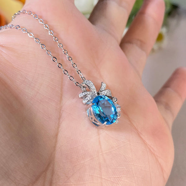 Sterling Silver Swiss Blue Topaz Pendant Necklace for Women