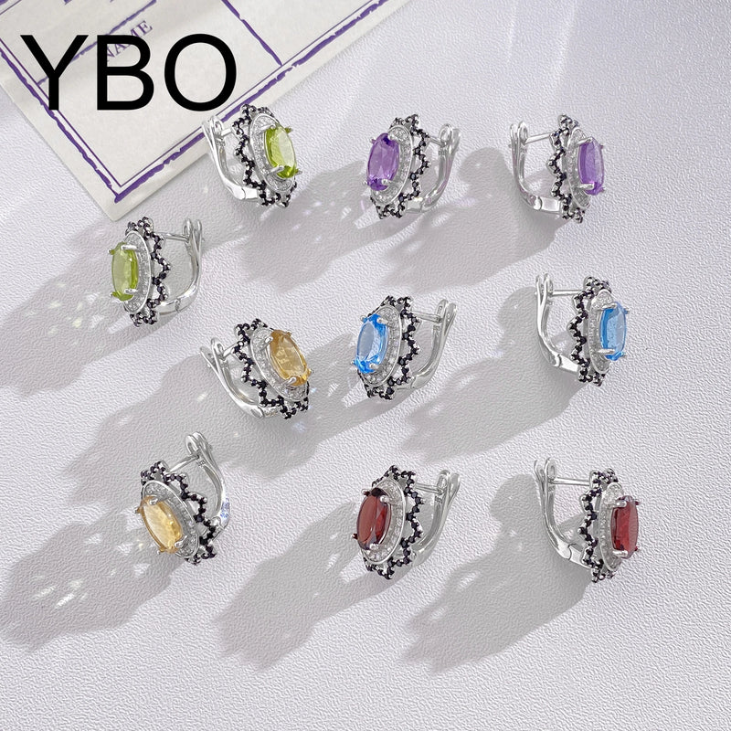 S925 Silver Natural Gemstone Amethyst Peridot Garnet Topaz Citrine Stud Earrings for Women