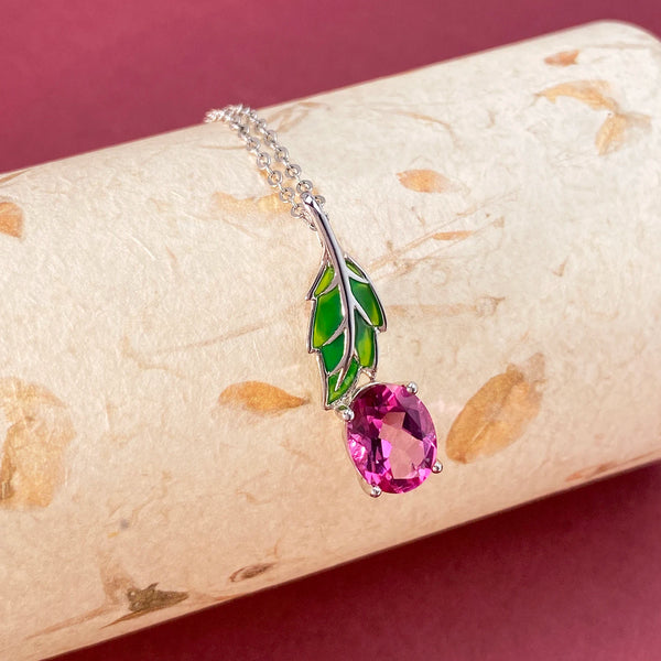 Sterling Silver Green Leaf Pendant Necklace with Pink Topaz for Women