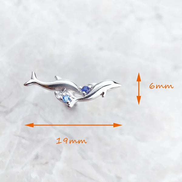 925 Sterling Silver Dolphin Ear Climbers with Blue Stones for Women