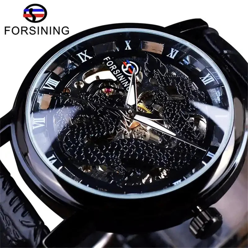 Stainless Steel Dragon Skeleton Mechanical Watch for Men