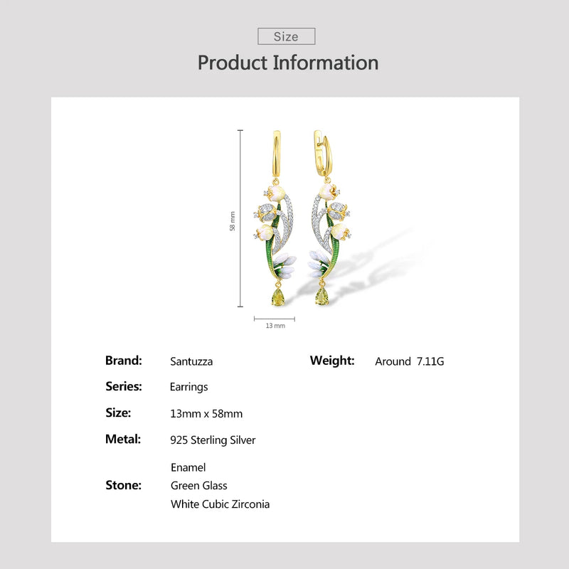 Sterling Silver Green Stone CZ Enamel Flower Drop Earrings for Women