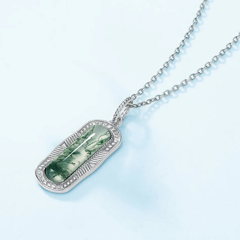 Silver Moss Agate Pendant Necklace for Women