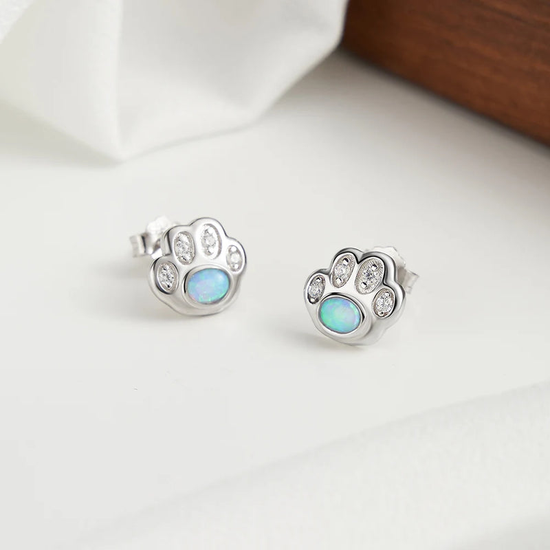 925 Sterling Silver Opal Paw Print Earrings for Her