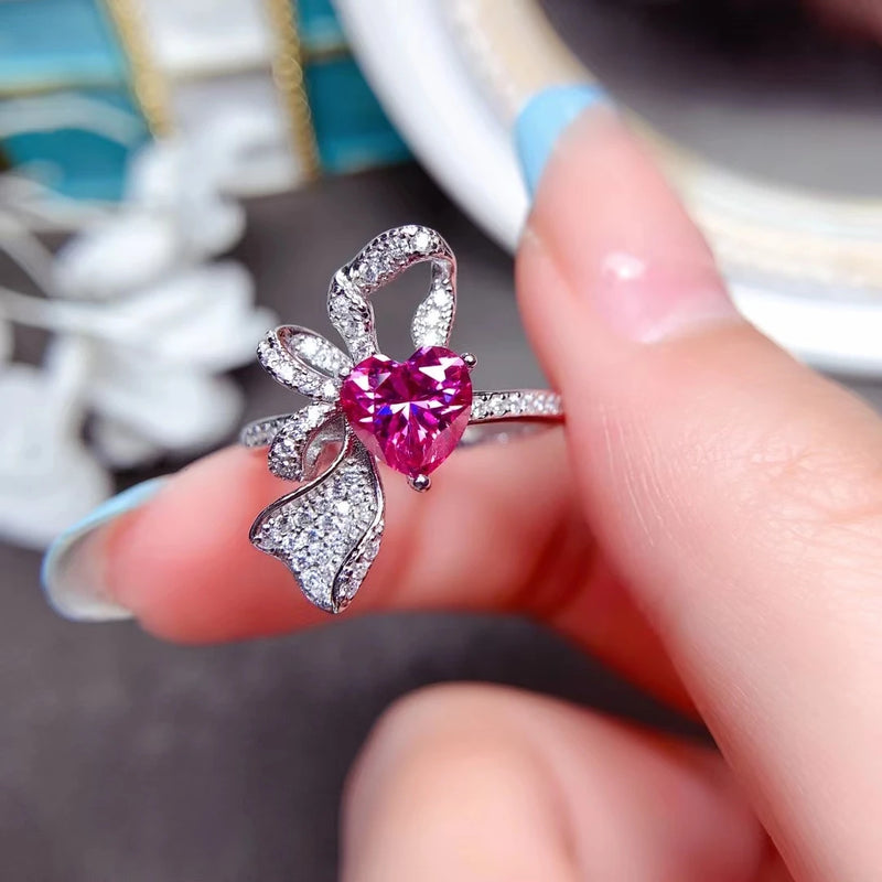 925 Sterling Silver Pink Moissanite/Garnet/Topaz Bow Heart Ring for Women