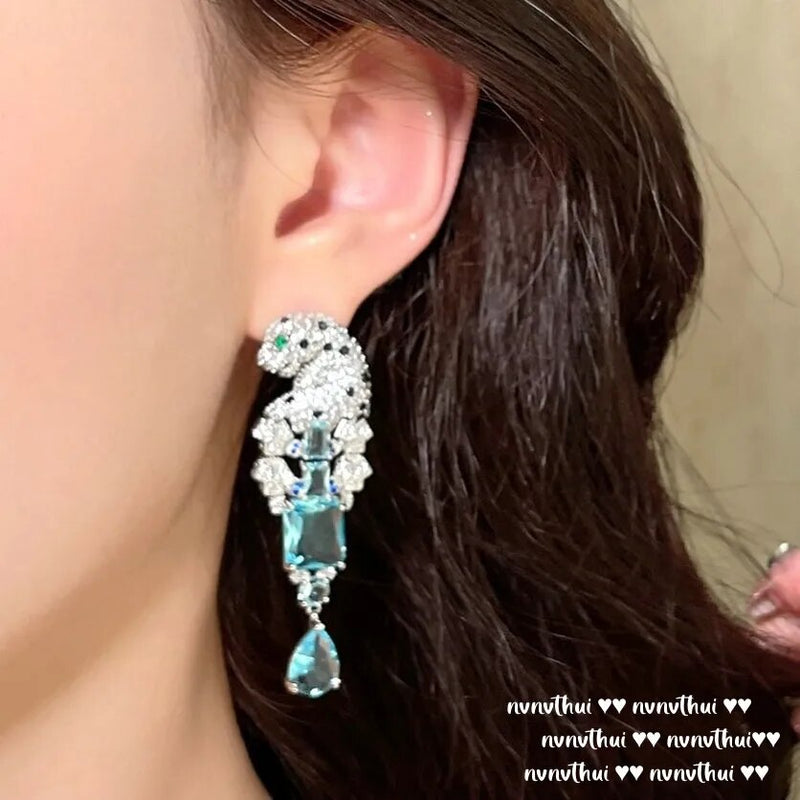 925 Silver Sea Blue CZ Leopard Dangle Earrings for Women