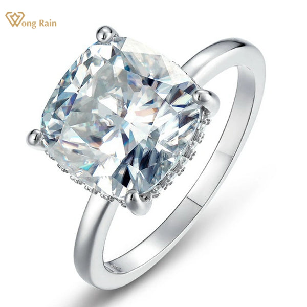 Wong Rain 925 Sterling Silver 3EX VVS1 D 10*10 MM Real Moissanite Pass Test Diamonds Ring for Women Wedding Engagement Jewelry