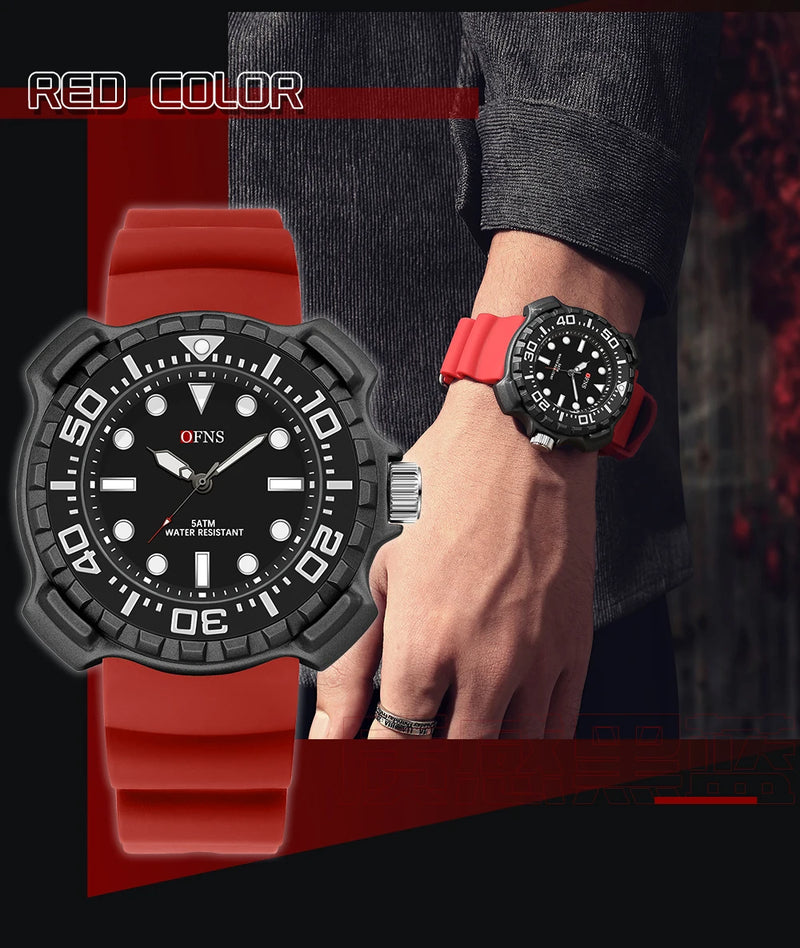 Quartz Silicone Strap 50M Waterproof Sport Watch for Men