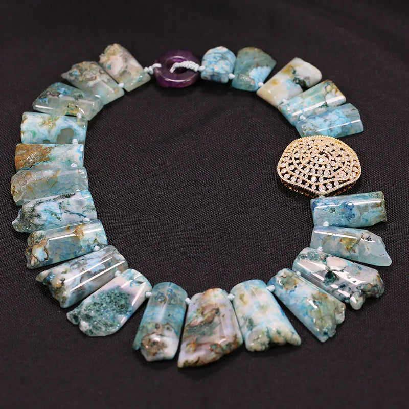 Sterling Silver Blue Ocean Jasper Agate Slab Nugget Necklace for Lady