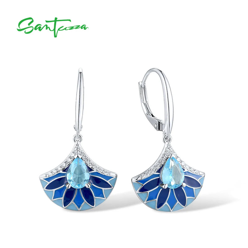 925 Sterling Silver Fan Shape Enamel Pendant Earrings Ring with White and Blue CZ