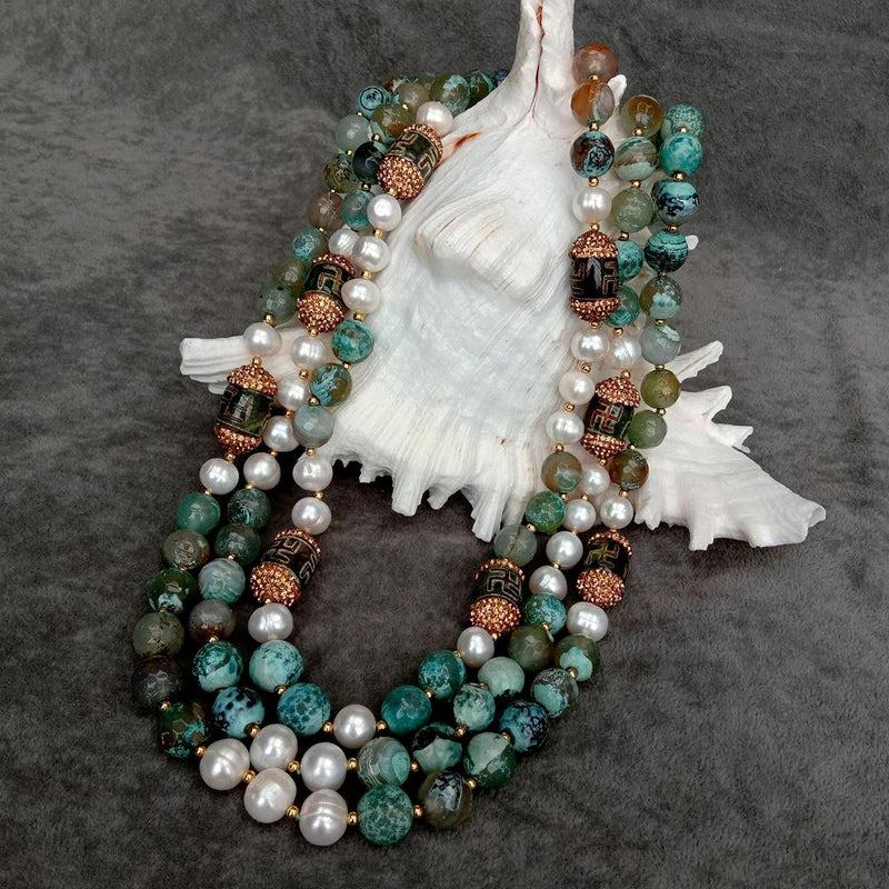 Sterling Silver 3 Rows Freshwater Cultured White Pearl Green Agate 0.50 ctw Dzi Agate Necklace for Women