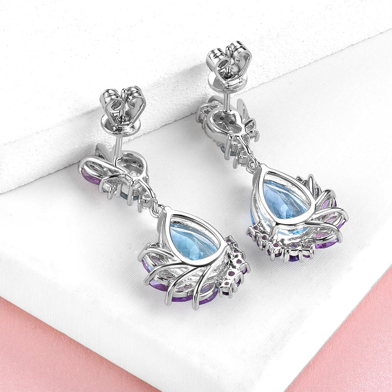 Sterling Silver Blue Topaz & Amethyst Drop Earrings 8.20 ctw for Women