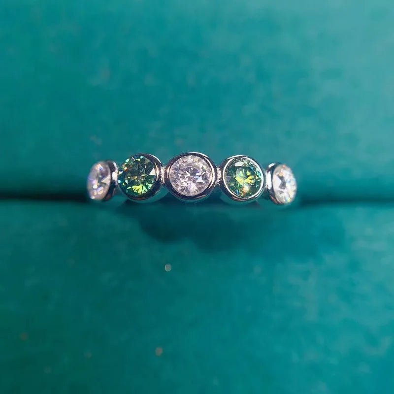 Sterling Silver 3MM Moissanite White and Green Band Ring for Women