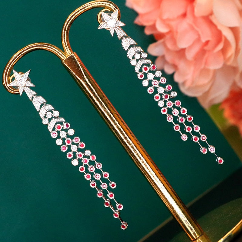 18K White Gold Ruby and Diamond Tassel Earrings for Women