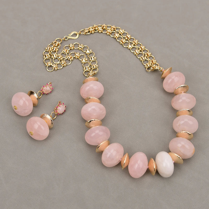 Gold Plated 25'' Natural Rose Quartz Rondelle Beads Necklace & Earrings Set for Lady