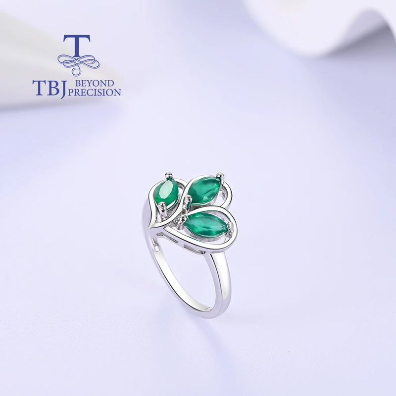 925 Sterling Silver Green Agate Leaf Shape Ring and Earrings Set for Women and Girls